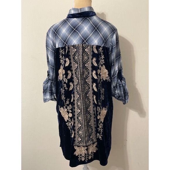 Andree by UNIT Plaid Embroidered Velvet Back Tunic Large Western Boho Casual - Picture 5 of 7